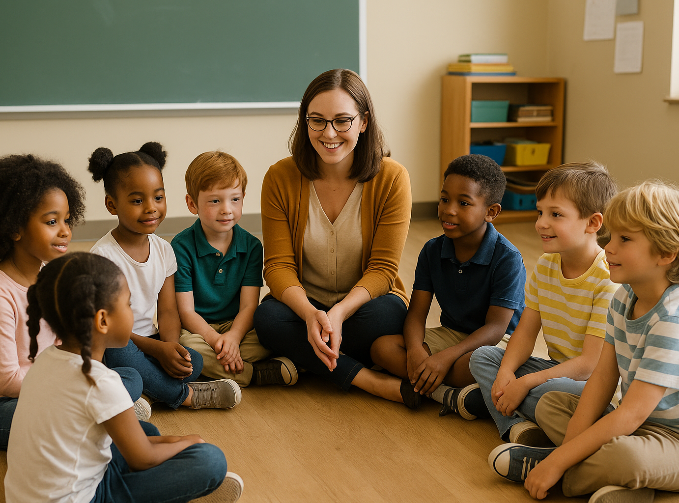 Infants a l’aula amb la mestra – imatge generada amb IA